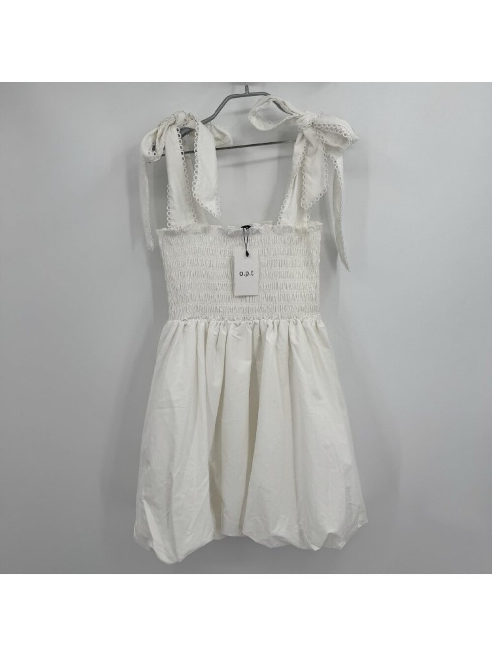 OPT White Zenia Mini Dress Smocked Bubble Hem Tie Strap sz M NWT Tuckernuck Excl